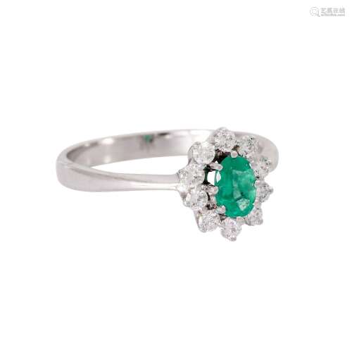 WEMPE ring with emerald surrounded by 10 diamonds total appr...