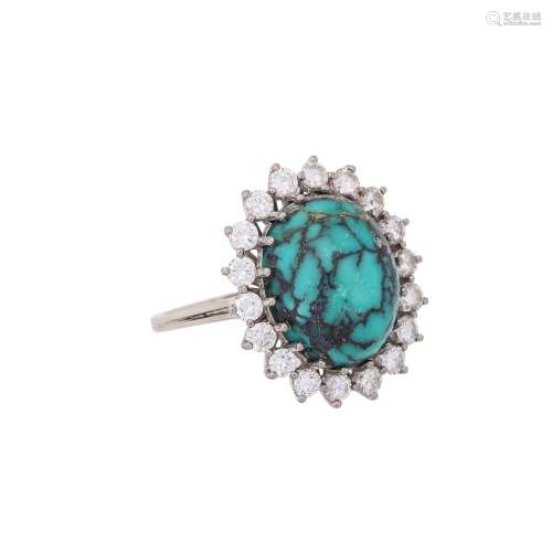 Ring with turquoise matrix entouraged by diamonds total ca. ...