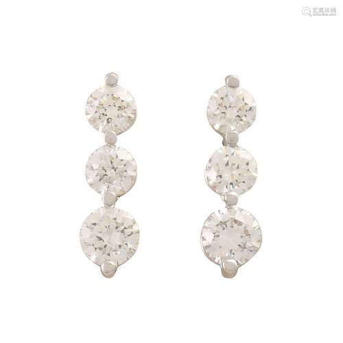 Stud earrings each with 3 brilliant-cut diamonds, all 6 toge...