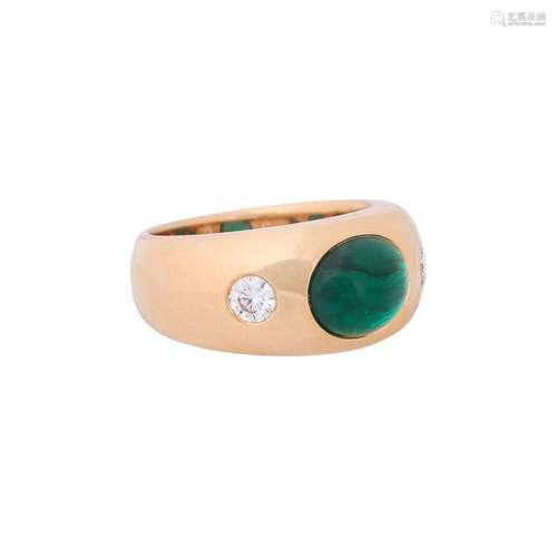 Band ring with oval emerald cabochon and 2 diamonds total ca...