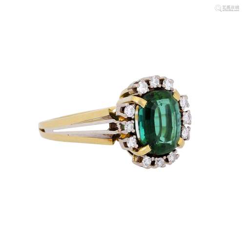 Ring with blue-green tourmaline entouraged by octagonal diam...