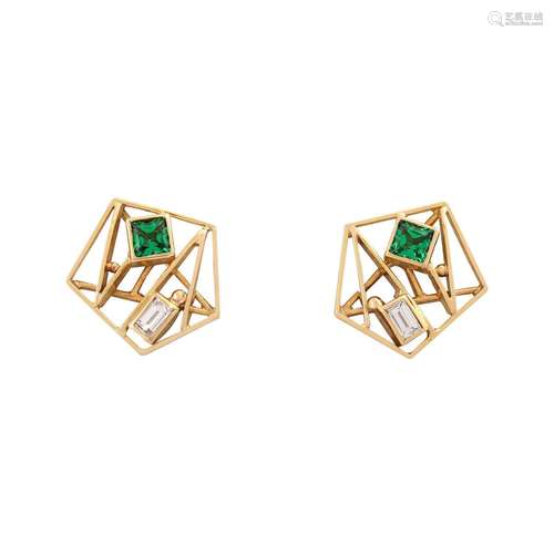 Pair of stud earrings with tsavorites and diamonds