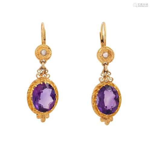 Earrings with oval faceted amethysts, half pearl