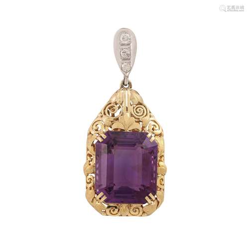 Pendant with octagonal amethyst ca. 26 ct and diamonds