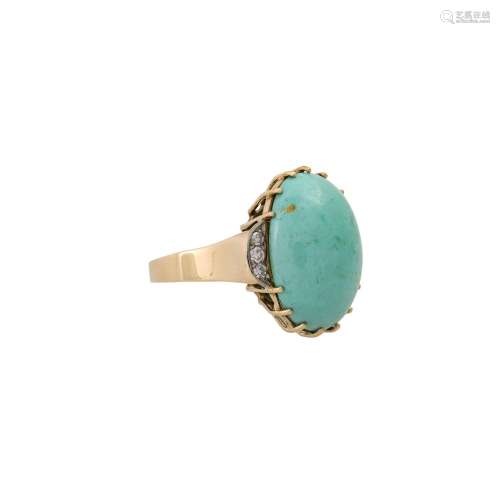 Ring with oval turquoise flanked by 6 octagonal diamonds,