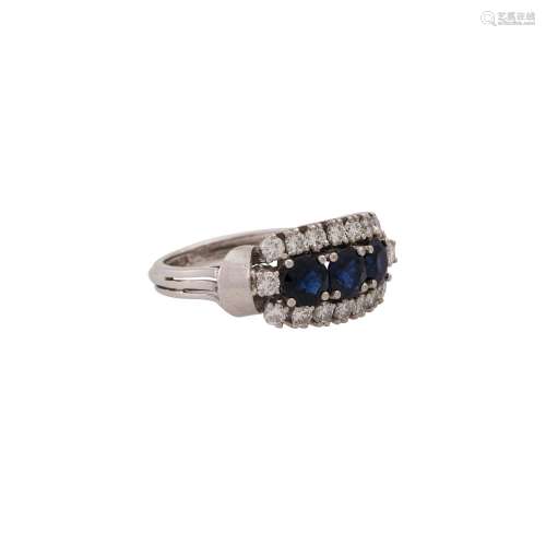 Ring with 3 sapphires in a row surrounded by diamonds total ...