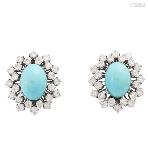 Pair of ear clip studs with fine turquoise and diamonds