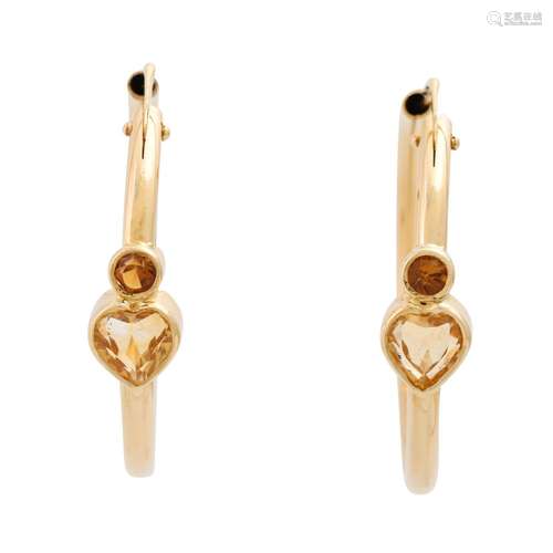 Pair of creoles with citrines in heart and round cut, GG 18 ...