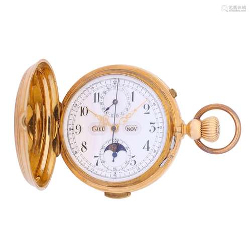 Large heavy astronomical goldsavonette pocket watch with ful...