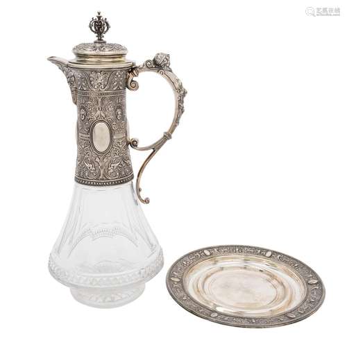 FINE CARAFE WITH HANDLE AND SAUCER, SILVER 800/1000,