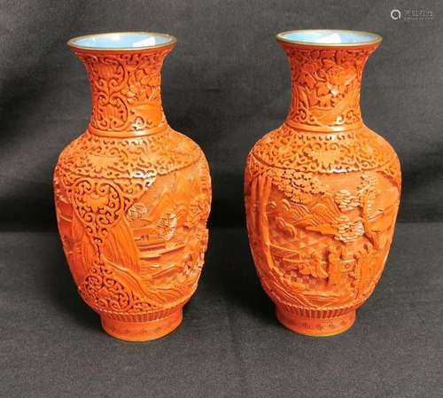 2 CHINESE VASES IN THE APPEARANCE OF RED LACQUER, 20th c.