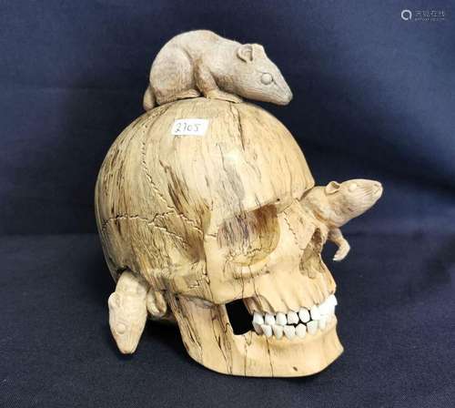 SCULPTURE: SKULL WITH MICE ON BOOKS