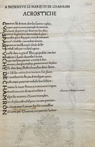 ACROSTICHE. Pièce manuscrite du milieu du XVIIIe. 1 p. In-fo...