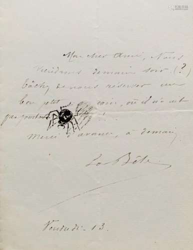 CURIOSITÉ. Lettre illustrée du dessin d\'une araignée. 1 p. ...
