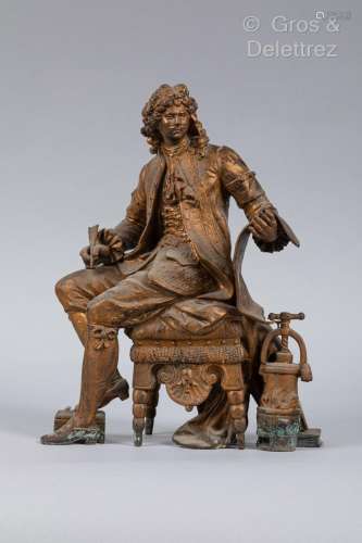 Sculpture en régule doré représentant Molière (?) assis sur ...