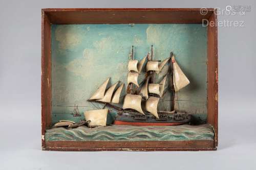 Ex-voto de marins en bois peint figurant un trois-mât sur le...
