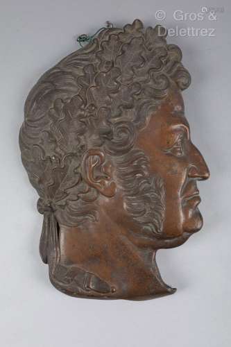 Profil de Louis-Philippe en bas relief en bronze patiné cour...