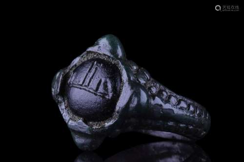 RARE VIKING BRONZE RING WITH INSCRIBED GEM