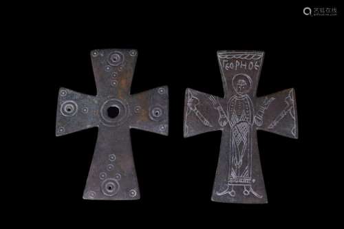 BYZANTINE BRONZE RELIQUARY CROSS WITH ST GEORGE