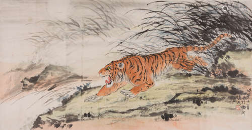 周怀民(1906--1996)虎啸图 设色纸本
