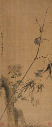 华嵒（1682-1756）菊石双禽 设色绢本