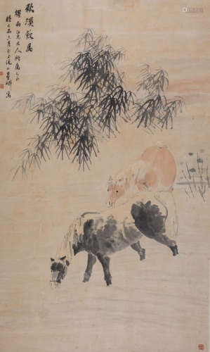 倪田（1855 -1919 ）秋溪饮马 设色纸本