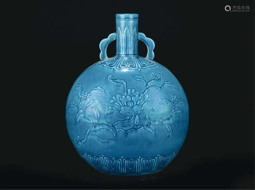 孔雀蓝釉花卉扁瓶