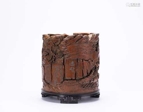 Bamboo carving brush pot in Qing Dynasty