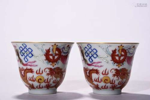 Qing Dynasty powder enamel double dragon gold cup