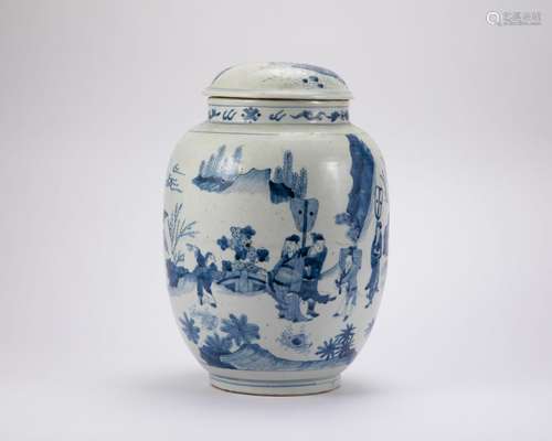 Blue and white figure lotus seed jar