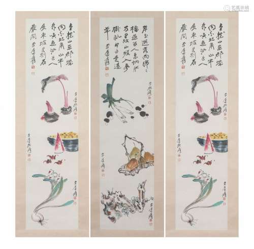 THREE PANELS CHINESE PAINTINGS AND CALLIGRAPHY