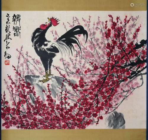 A CHINESE PAINTING OF COCK AND FLOWERS