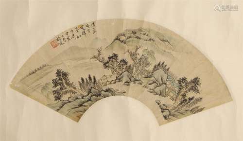 A CHINESE FAN SHAPED PAINTING OF MOUNTAINS LANDSCAPE