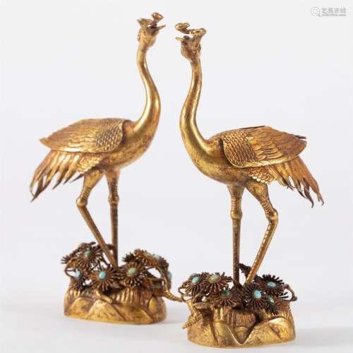 A PAIR OF CHINESE GILT SILVER CRANES