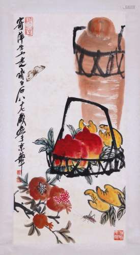 A CHINESE PAINTING OF PEACH BERGAMOT AND POMEGRANATE