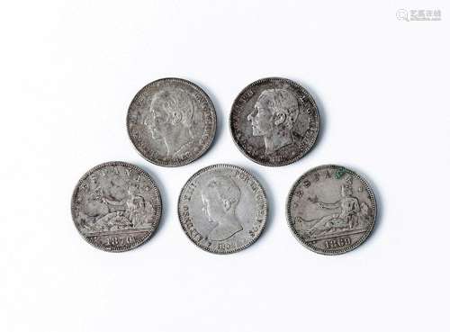 Lote de 5 monedas de plata (835 mil., 27 mm), España, 2 Pese...