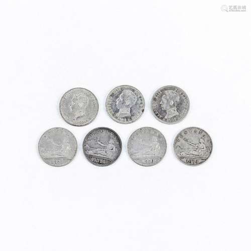 Lote de 7 monedas de 2 Pesetas, plata (835 mil), 10.0 g, 27 ...