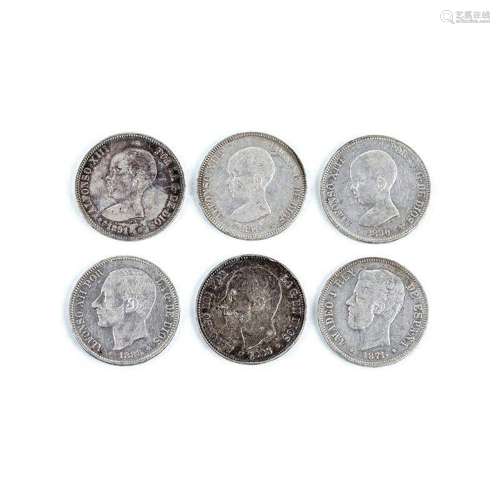 Lote de 6 monedas de 5 Pts ('duros') de plata (900 mil), 38 ...