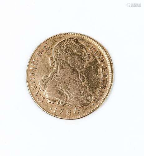 Moneda de oro de 8 Escudos. Carlos III. 1780. Lima. M.I. 37 ...