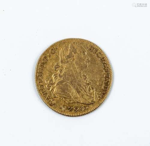 Moneda de oro de 8 Escudos. España. Carlos IV. 1794. Lima. I...