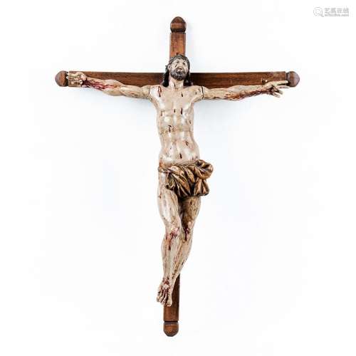 Talla antigua de madera: Cristo en la Cruz, policromada. Exc...