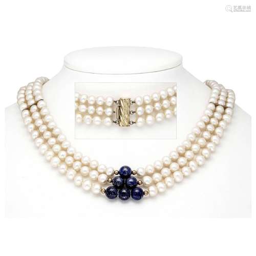 3-row pearl lapis lazuli necklace