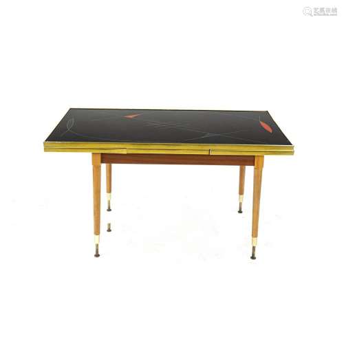 Table, 1950s, beech, black glass to