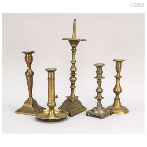 Five candlesticks, 19th c., brass