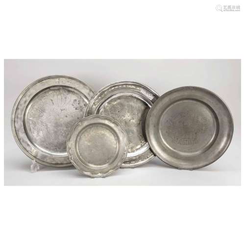 Four plates, 18th century, pewter,
