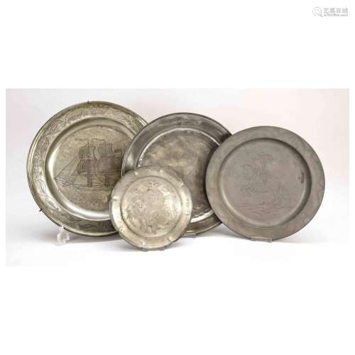 Four plates, 18th/19th c., pewter,