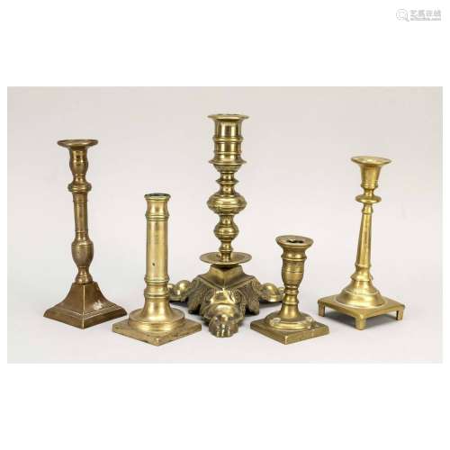 Five candlesticks, 19th c., brass
