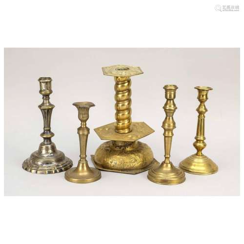 Five candlesticks, 19th c., brass