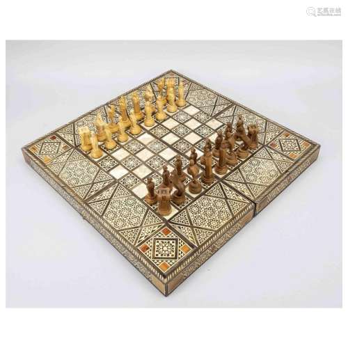 Backgammon game and chess pieces,
