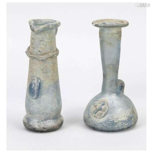 2 excavated glass vessels, probabl